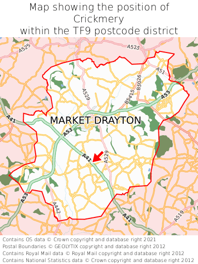 Map showing location of Crickmery within TF9