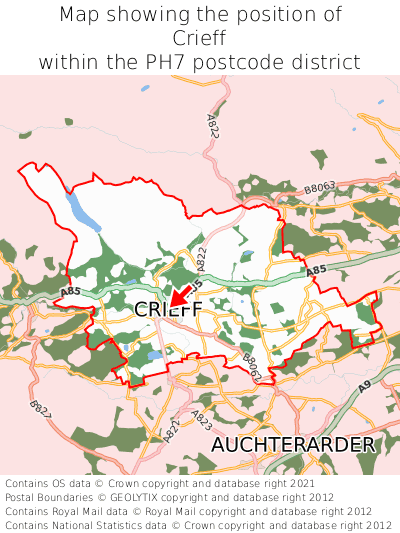 Map showing location of Crieff within PH7