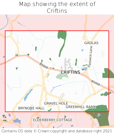 Map showing extent of Criftins as bounding box
