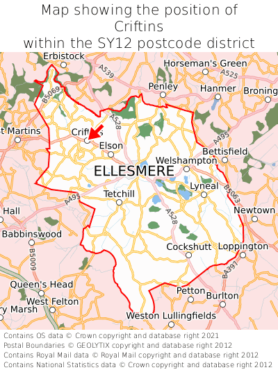 Map showing location of Criftins within SY12