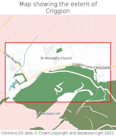 Map showing extent of Criggion as bounding box