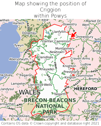 Map showing location of Criggion within Powys