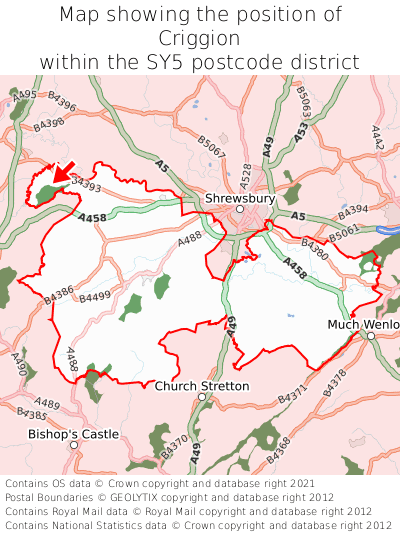 Map showing location of Criggion within SY5