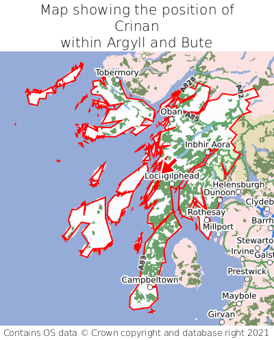 Map showing location of Crinan within Argyll and Bute
