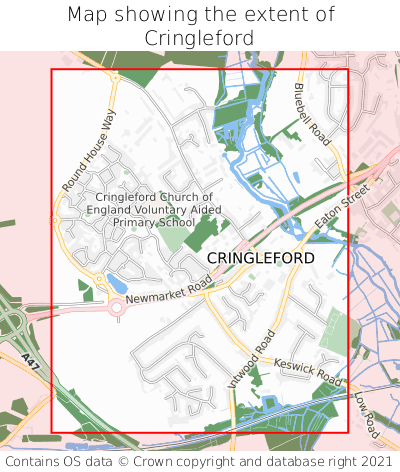 Map showing extent of Cringleford as bounding box