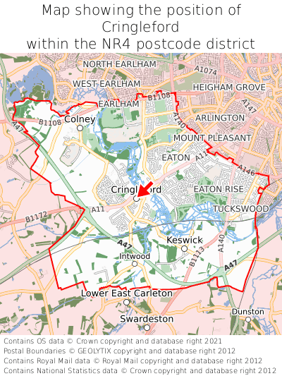 Map showing location of Cringleford within NR4