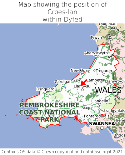 Map showing location of Croes-lan within Dyfed