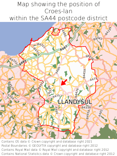 Map showing location of Croes-lan within SA44