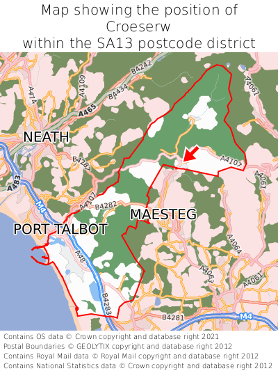 Map showing location of Croeserw within SA13