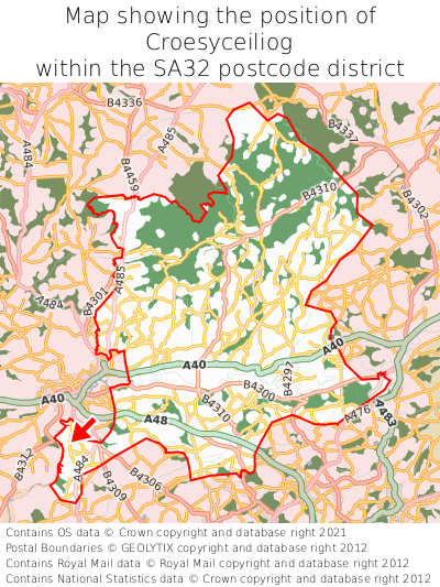 Map showing location of Croesyceiliog within SA32