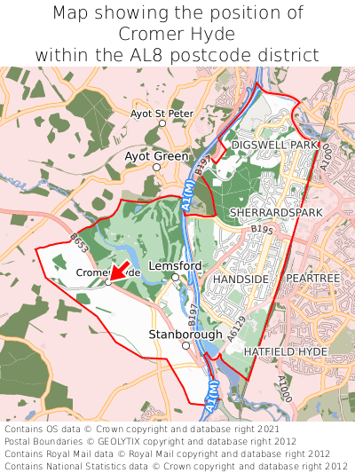 Map showing location of Cromer Hyde within AL8