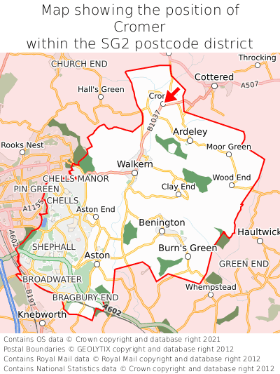 Map showing location of Cromer within SG2
