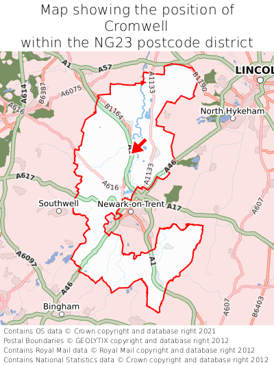 Map showing location of Cromwell within NG23