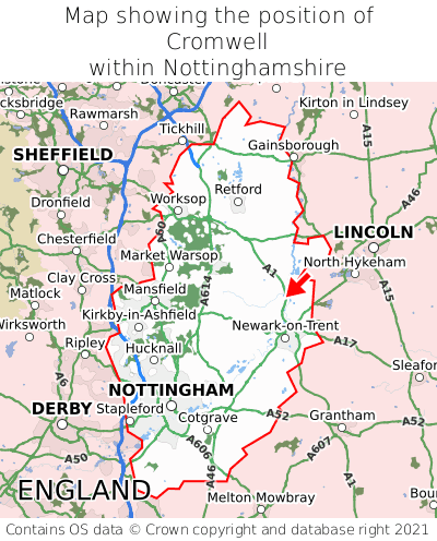 Map showing location of Cromwell within Nottinghamshire