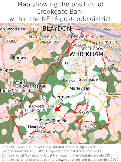 Map showing location of Crookgate Bank within NE16