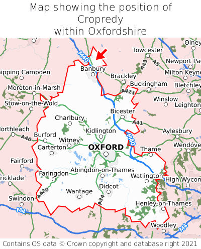 Map showing location of Cropredy within Oxfordshire