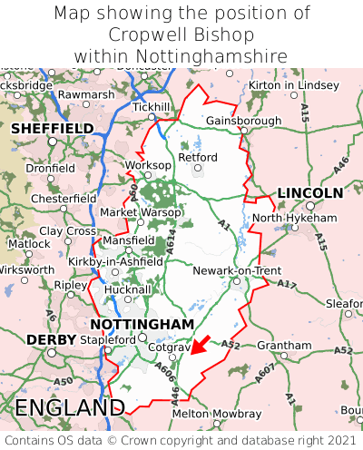 Map showing location of Cropwell Bishop within Nottinghamshire