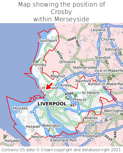 Map showing location of Crosby within Merseyside