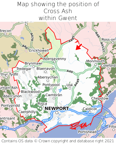 Map showing location of Cross Ash within Gwent