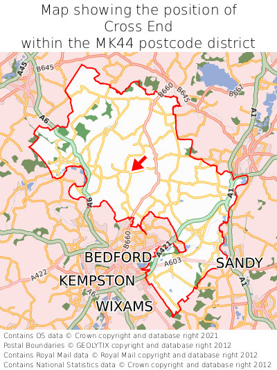 Map showing location of Cross End within MK44