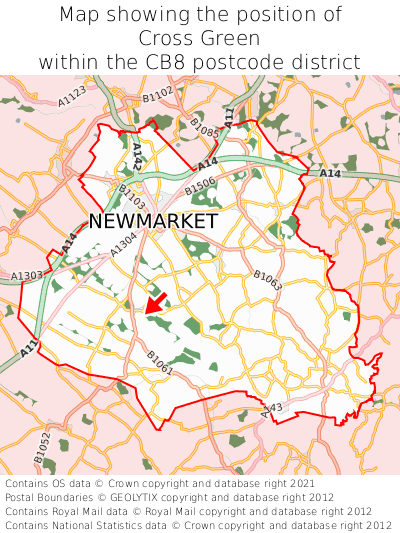 Map showing location of Cross Green within CB8