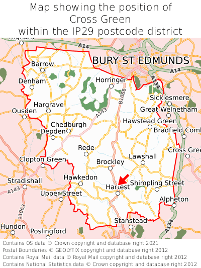 Map showing location of Cross Green within IP29