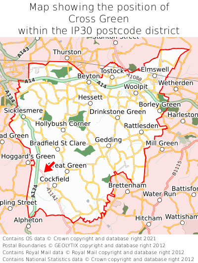 Map showing location of Cross Green within IP30