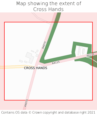 Map showing extent of Cross Hands as bounding box