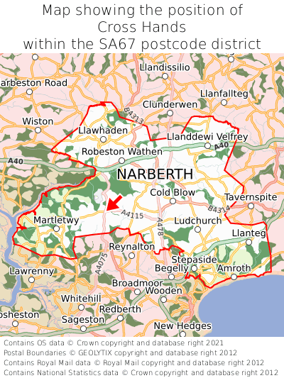 Map showing location of Cross Hands within SA67