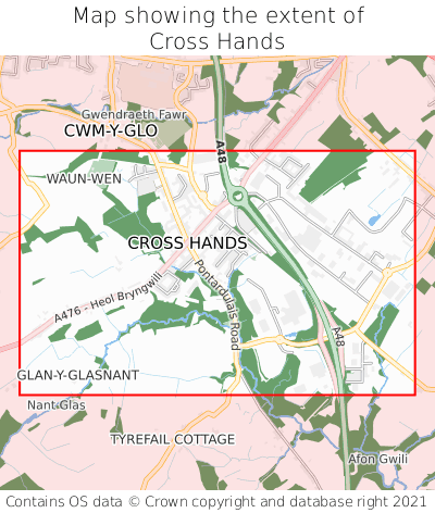 Map showing extent of Cross Hands as bounding box