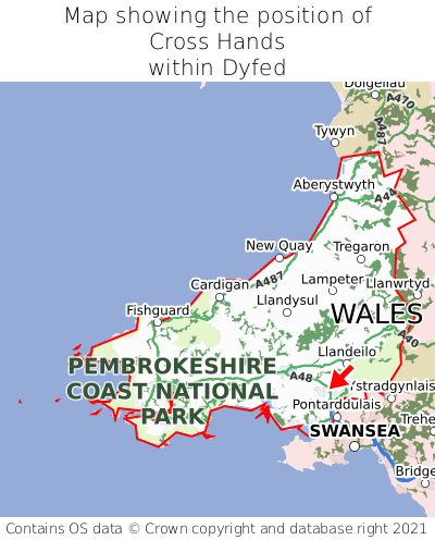 Map showing location of Cross Hands within Dyfed