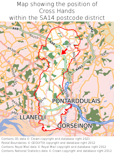 Map showing location of Cross Hands within SA14