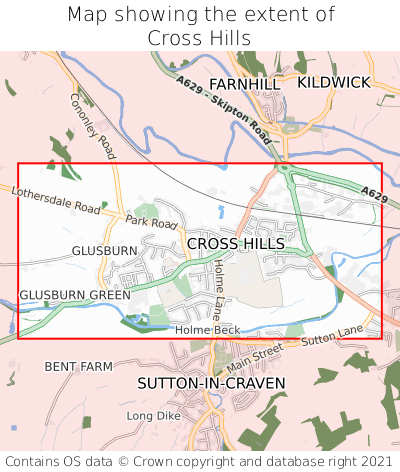 Map showing extent of Cross Hills as bounding box