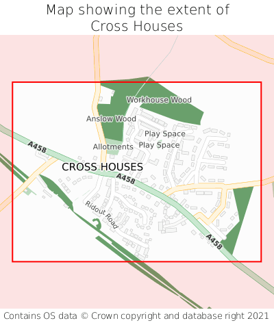 Map showing extent of Cross Houses as bounding box