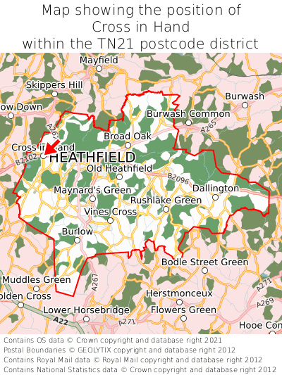 Map showing location of Cross in Hand within TN21