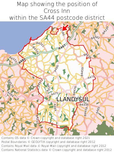 Map showing location of Cross Inn within SA44