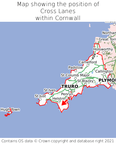 Map showing location of Cross Lanes within Cornwall