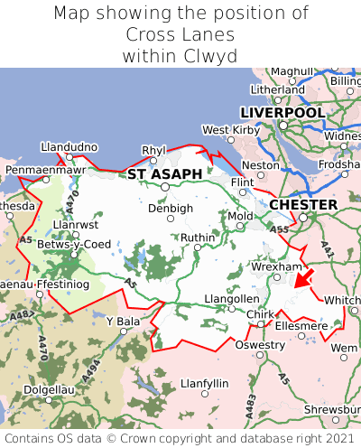 Map showing location of Cross Lanes within Clwyd