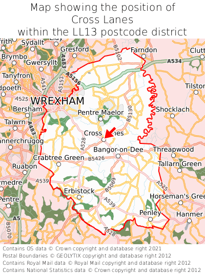 Map showing location of Cross Lanes within LL13