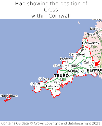 Map showing location of Cross within Cornwall