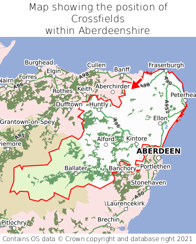 Map showing location of Crossfields within Aberdeenshire