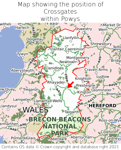 Map showing location of Crossgates within Powys