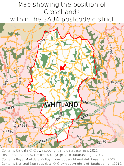 Map showing location of Crosshands within SA34