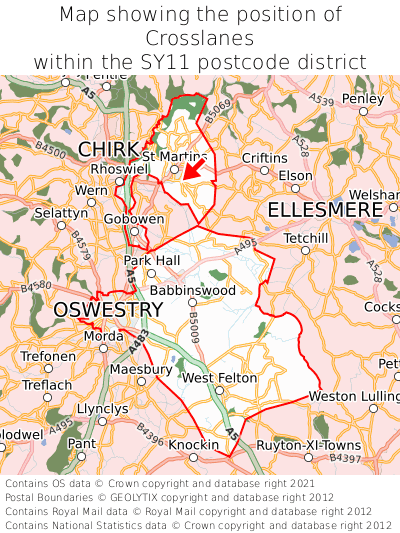 Map showing location of Crosslanes within SY11