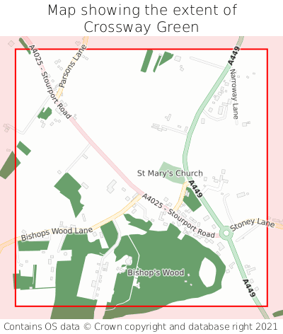 Map showing extent of Crossway Green as bounding box