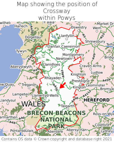 Map showing location of Crossway within Powys