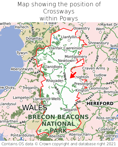 Map showing location of Crossways within Powys