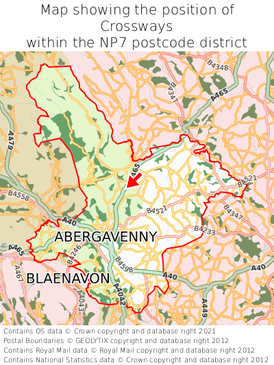 Map showing location of Crossways within NP7