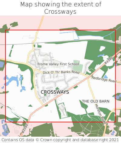 Map showing extent of Crossways as bounding box