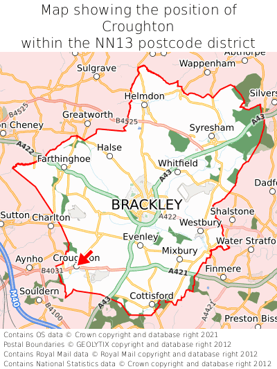 Map showing location of Croughton within NN13